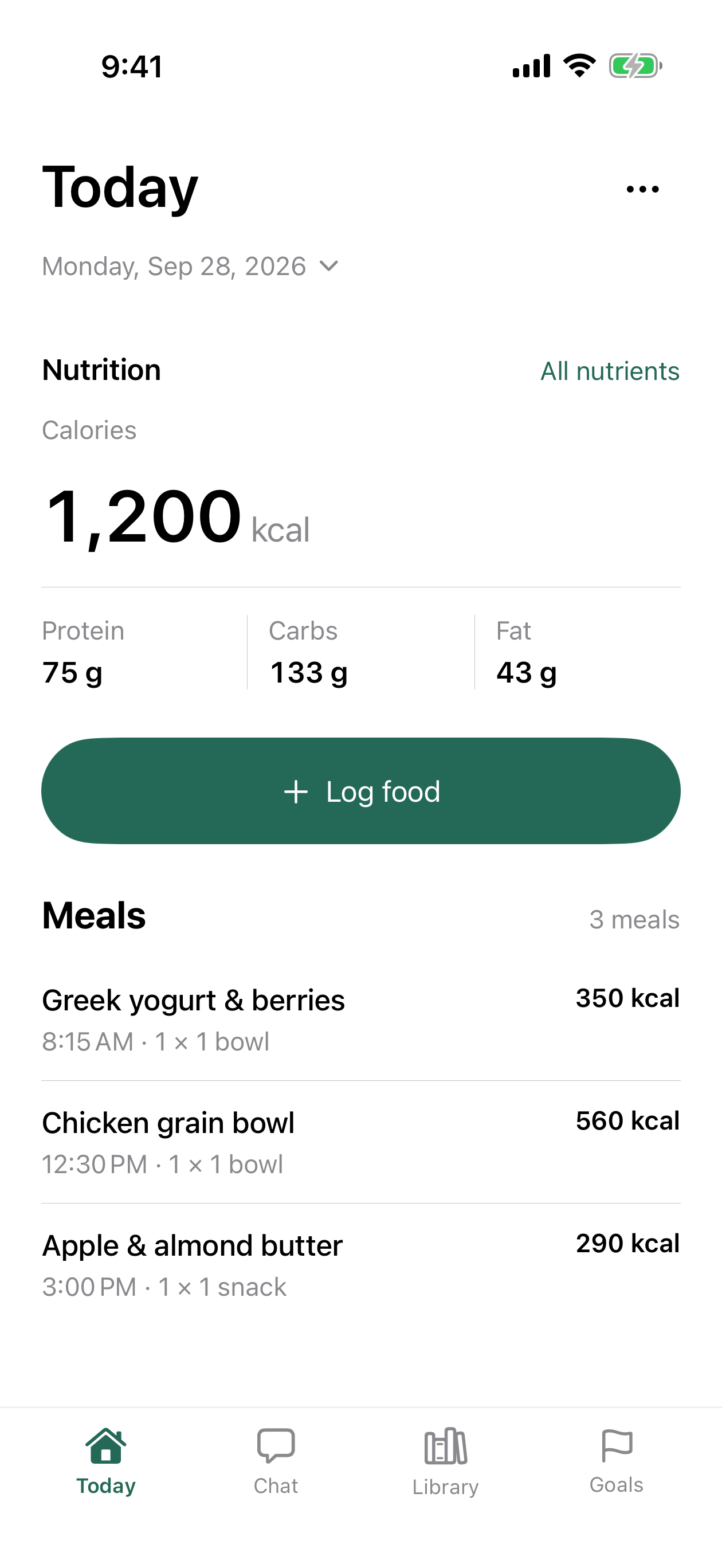 SayPlate Today screen with example meals and daily nutrition totals.